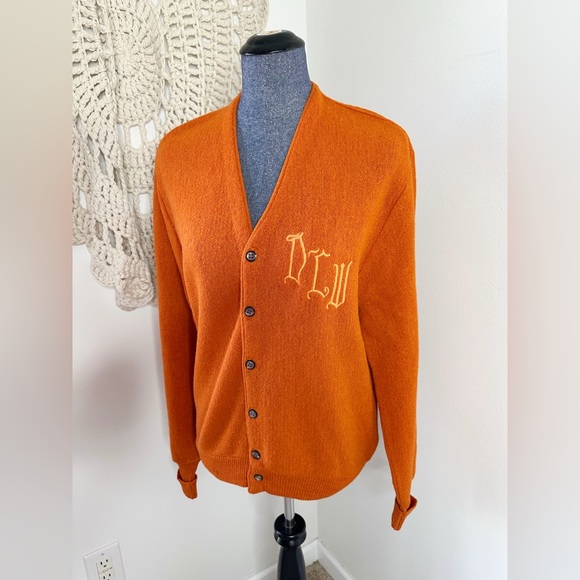 Vintage Arnold Palmer Robert Bruce 70s Alpaca Wool Orange Cardigan Sweater - Picture 1 of 9